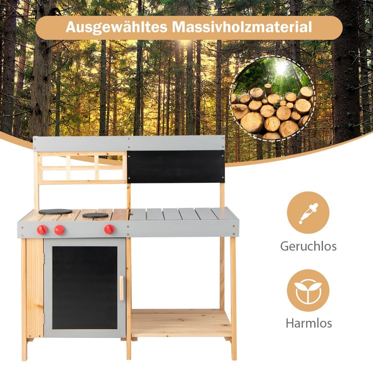 Lerköksset för barn utomhus lekkök i trä 89 x 45 x 90 cm natur + grå