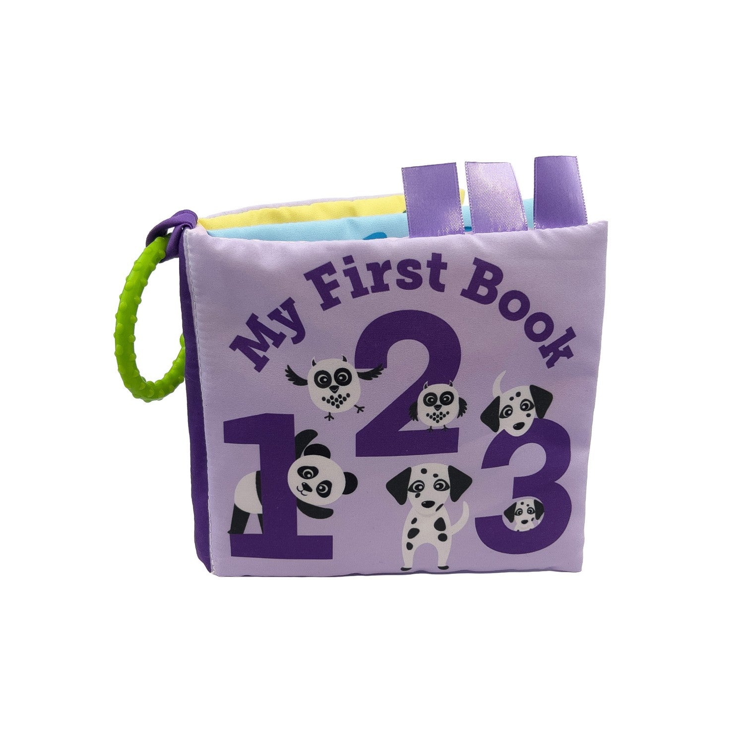 Mjuk babybok med ljusa färger och djurbilder