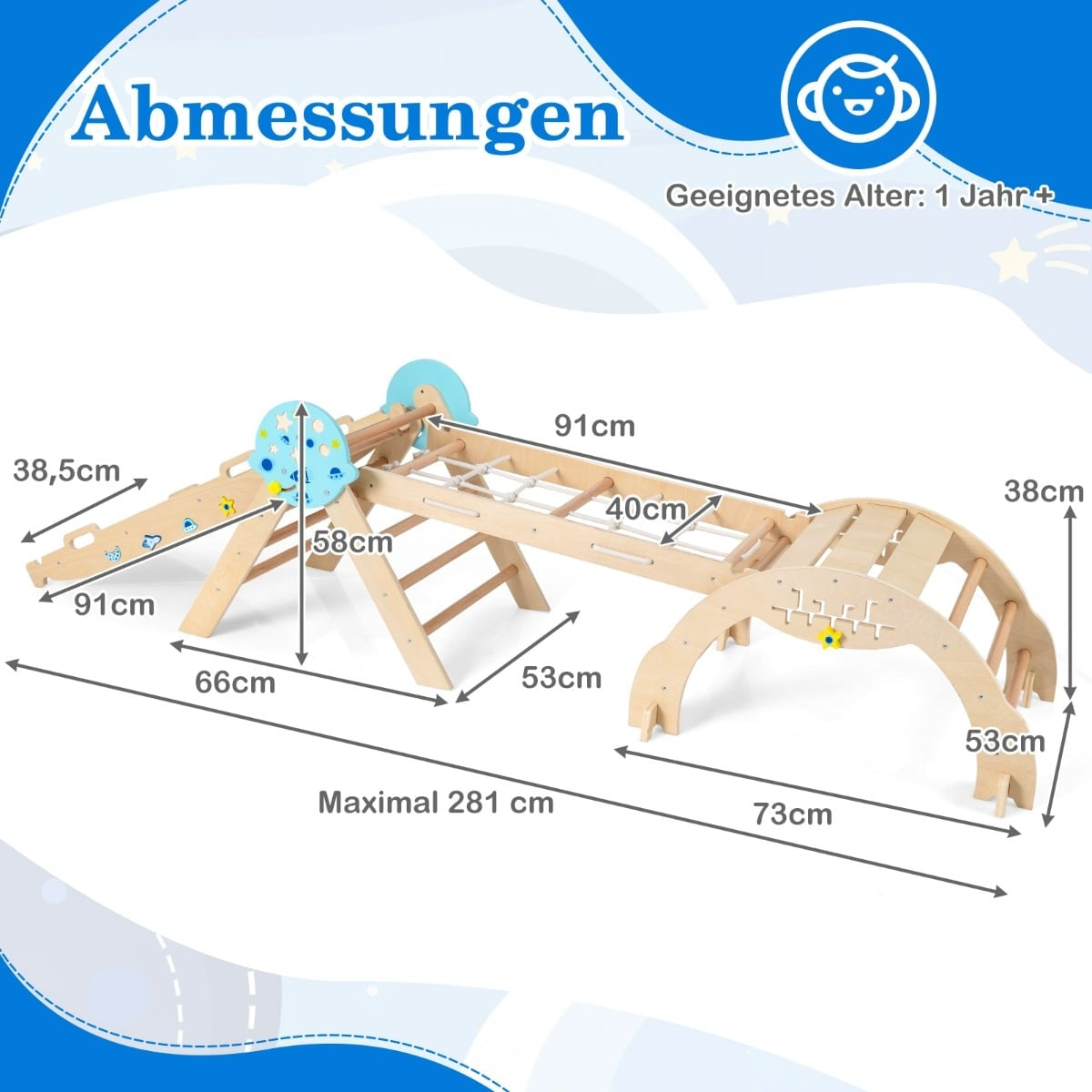 Montessori 9-i-1 klätterset i trä med rutschkana och ramp