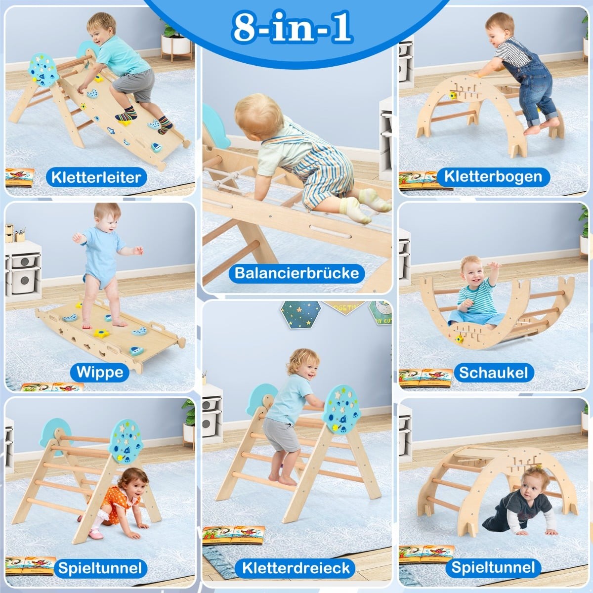 Montessori 9-i-1 klätterset i trä med rutschkana och ramp