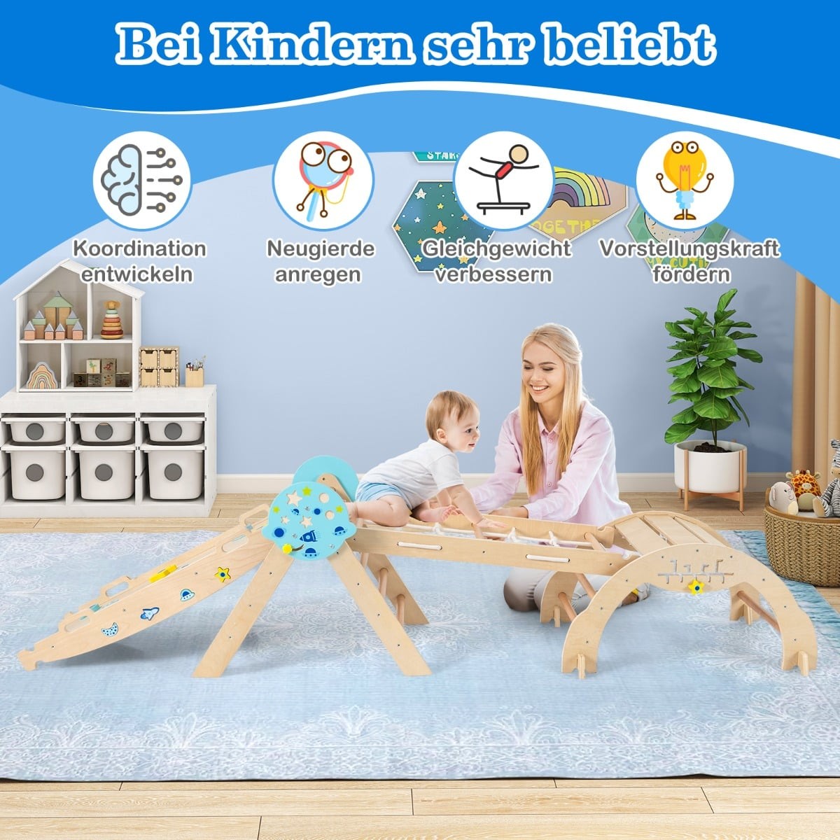 Montessori 9-i-1 klätterset i trä med rutschkana och ramp