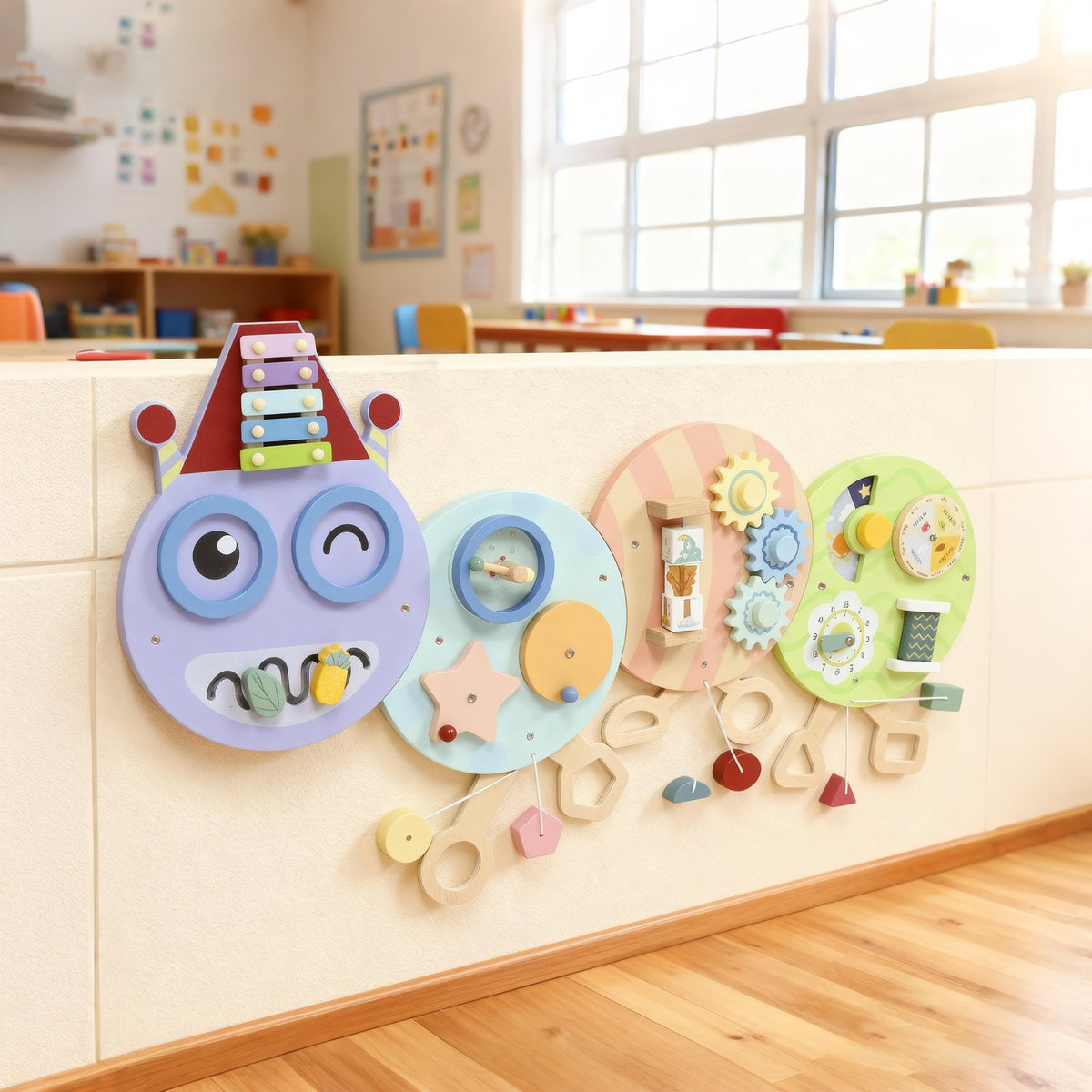 Montessori Busy Board – 7-i-1 Väggleksak, Xylofon, Kugghjul, 108 cm