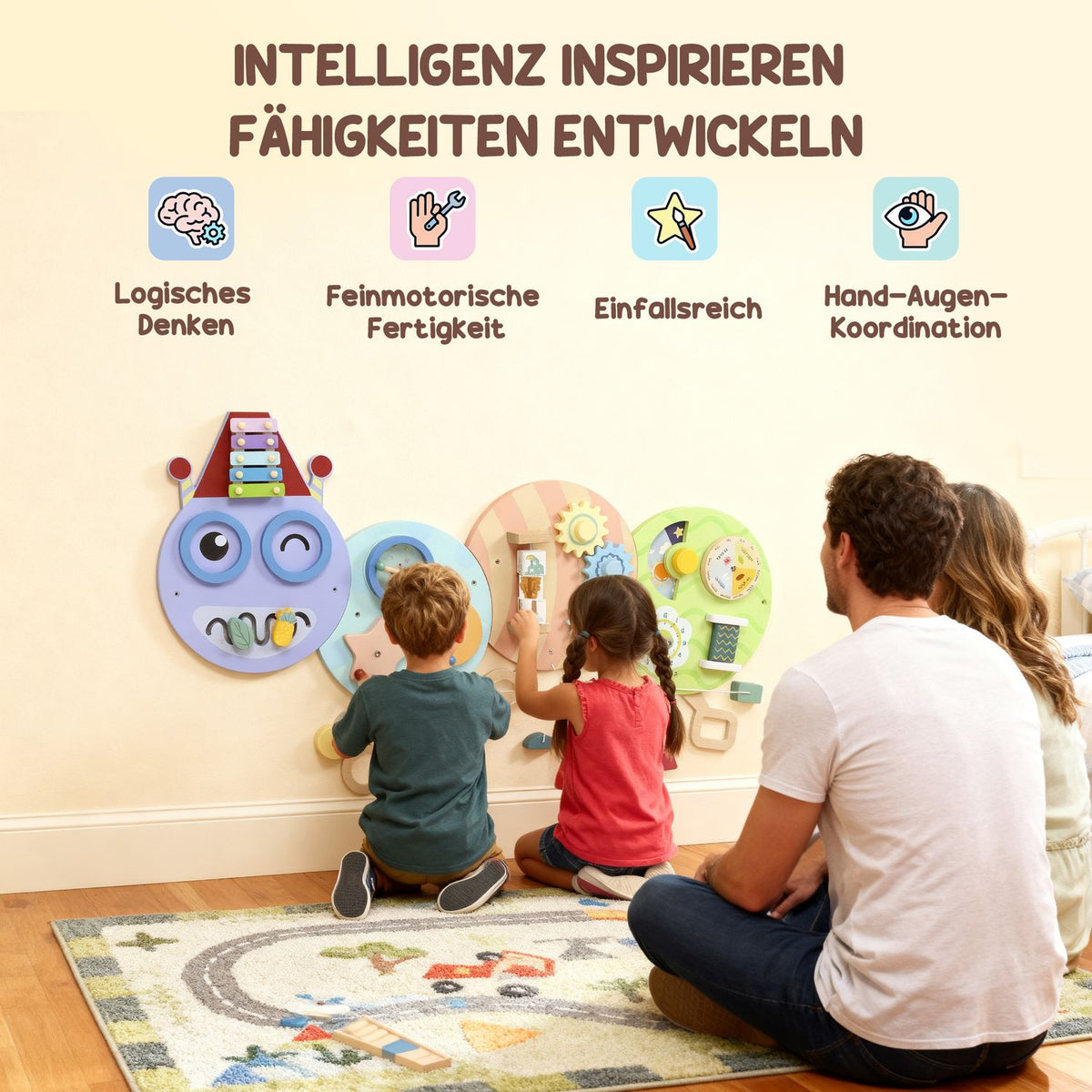 Montessori Busy Board – 7-i-1 Väggleksak, Xylofon, Kugghjul, 108 cm