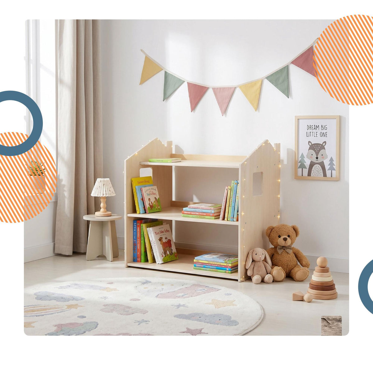 Montessori barnbokhylla, husformad hylla