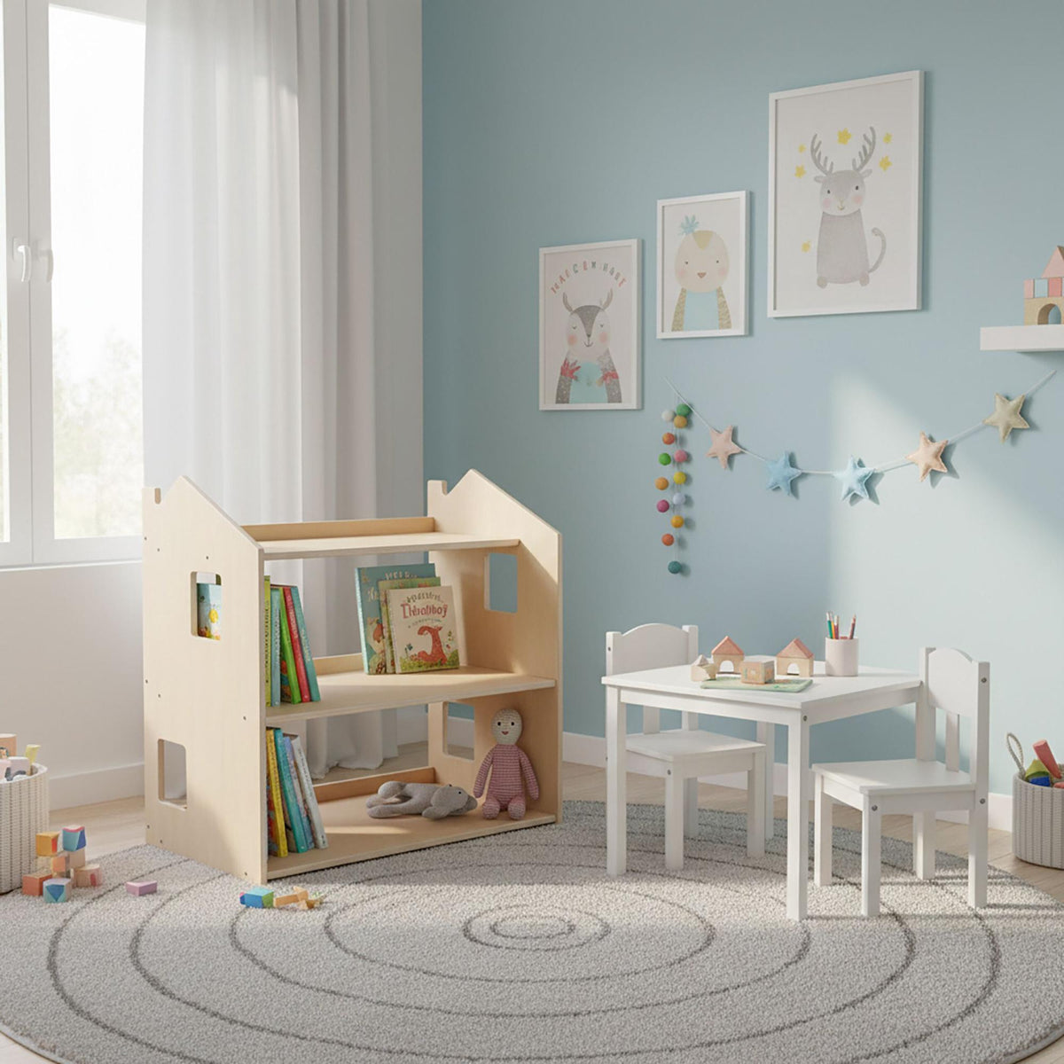 Montessori barnbokhylla, husformad hylla