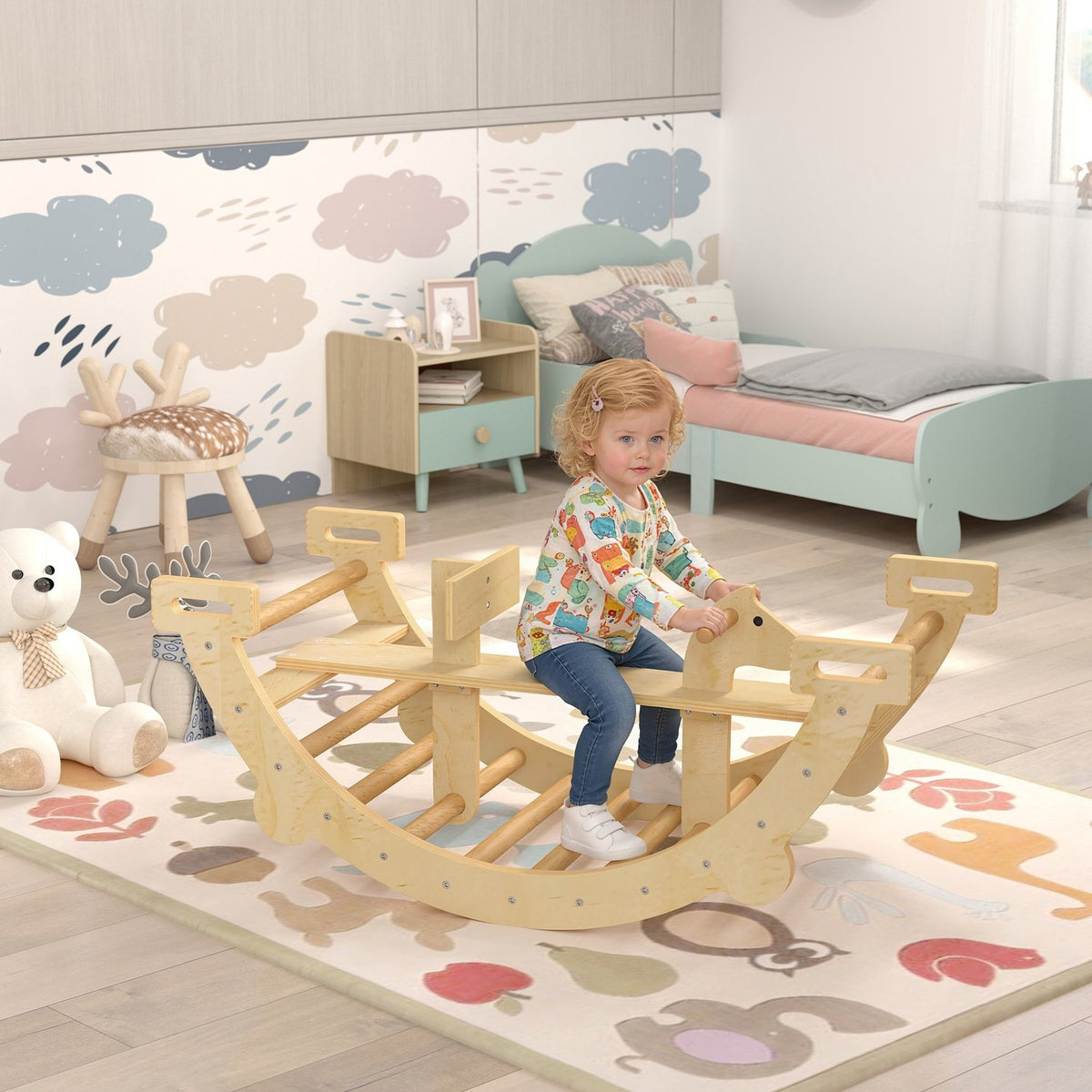 Montessori inomhusklätterbåge, 2-i-1 trägunga, 110x52x45 cm