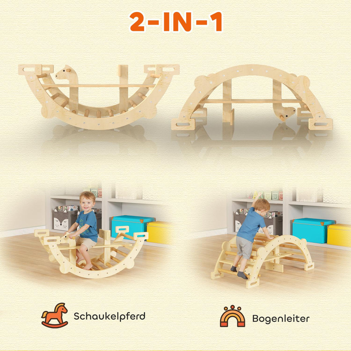 Montessori inomhusklätterbåge, 2-i-1 trägunga, 110x52x45 cm
