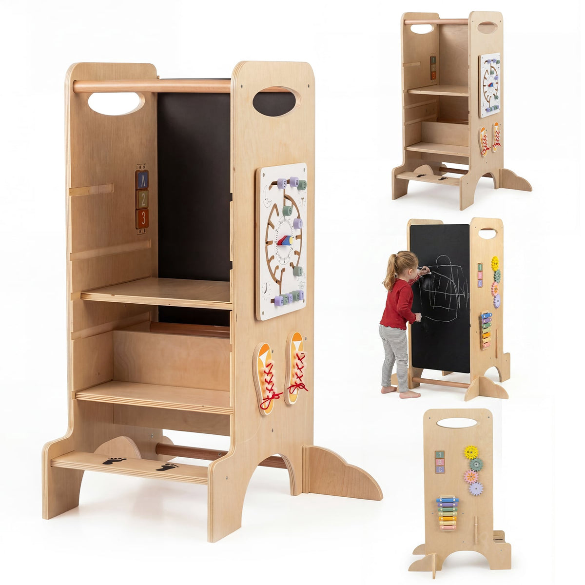 Montessori-lärtorn, justerbar höjd, bokträ