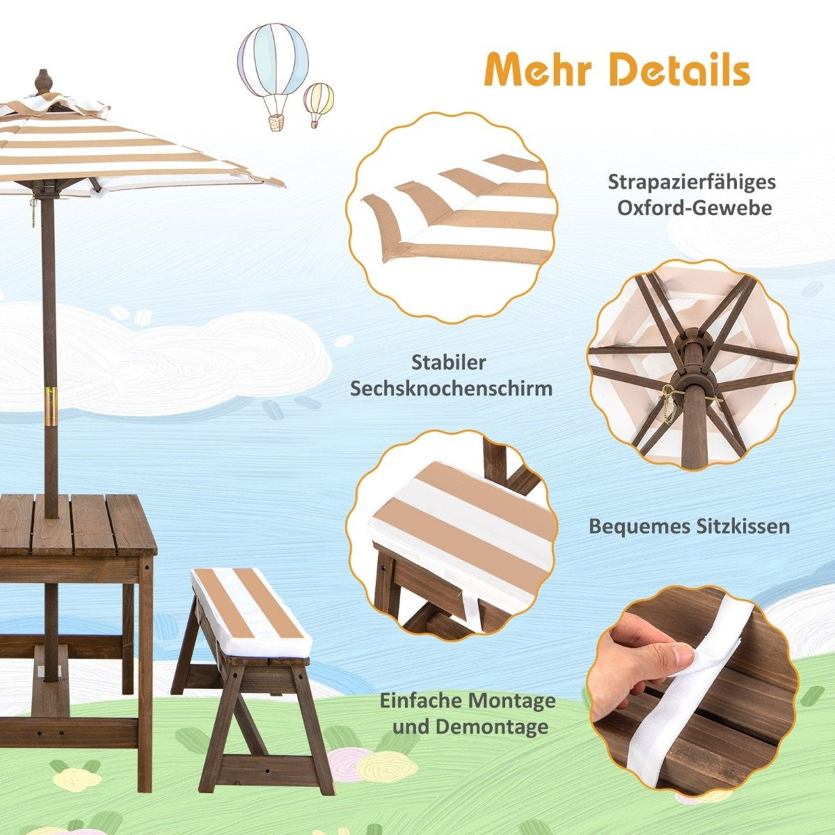 Picknickbord för barn med paraply och bänkar