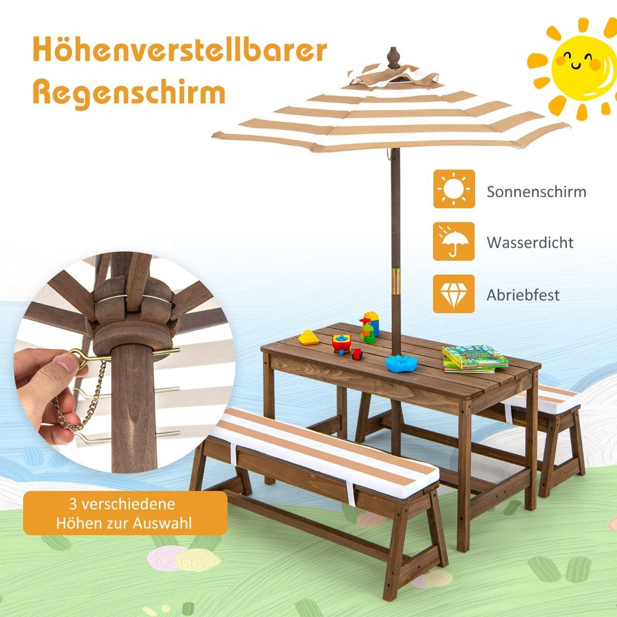 Picknickbord för barn med paraply och bänkar