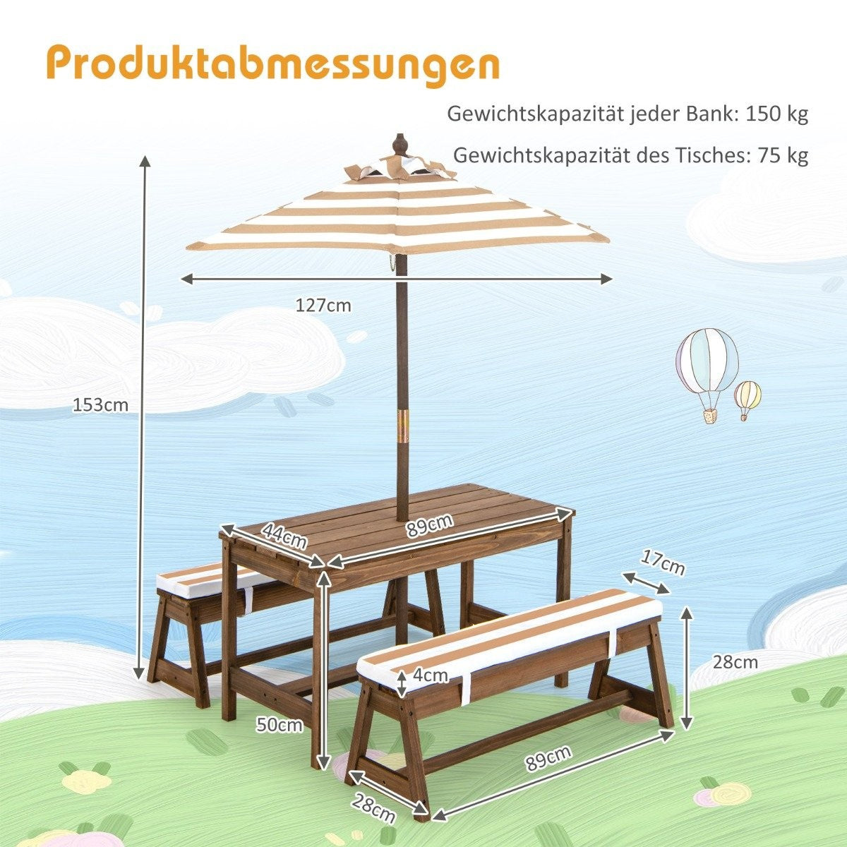 Picknickbord för barn med paraply och bänkar