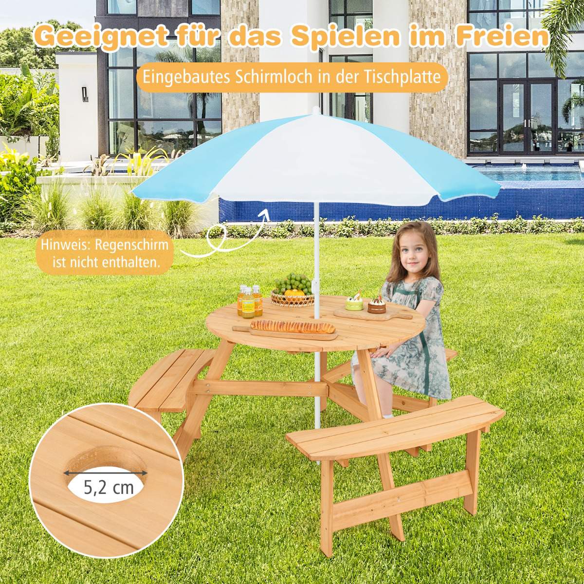 Picknickbord och bänk i trä för barn, paraplyhål
