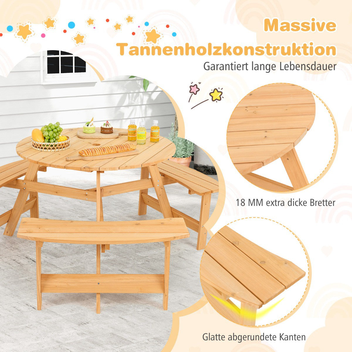 Picknickbord och bänk i trä för barn, paraplyhål