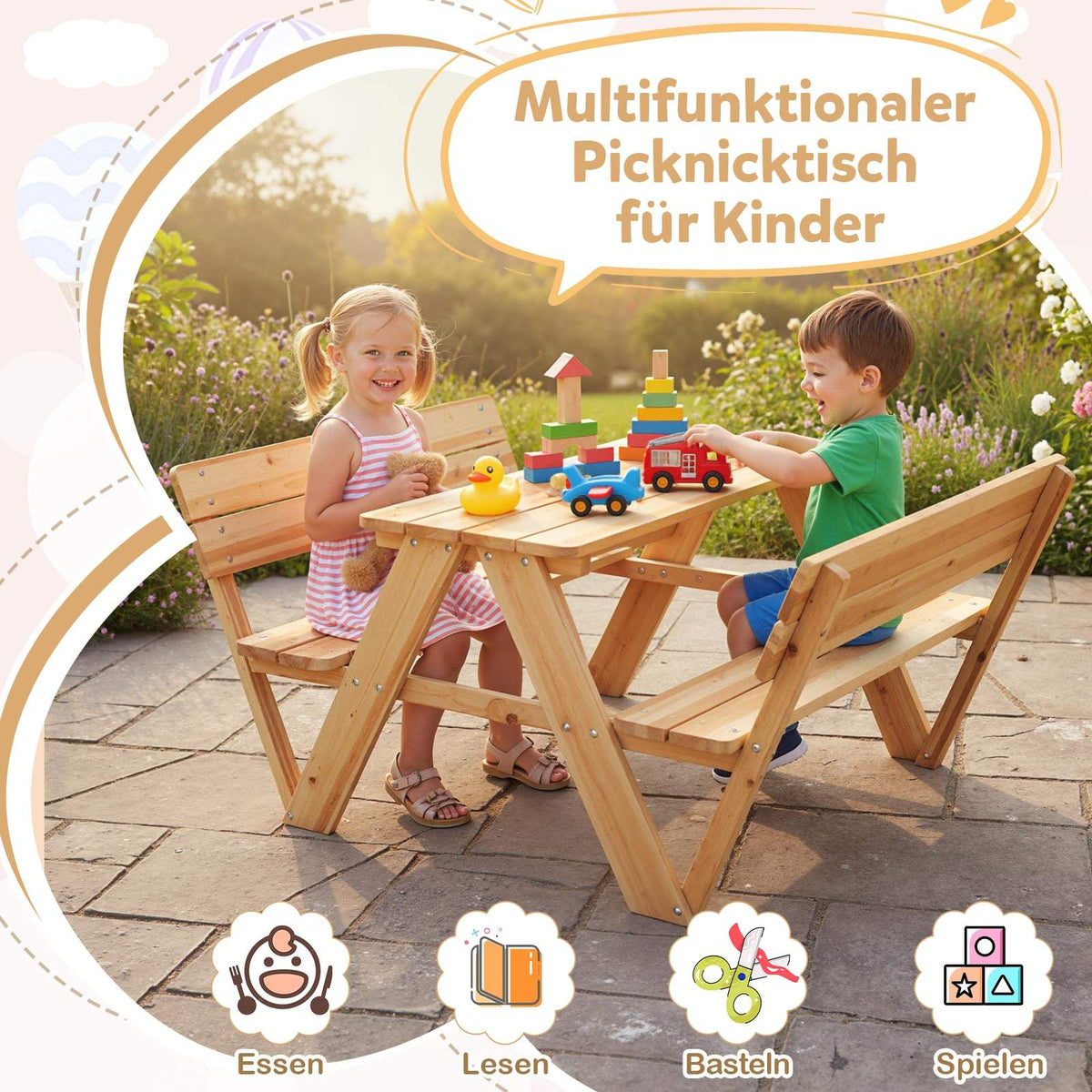 Picknickbordsset för barn med bänkar, massivt trä