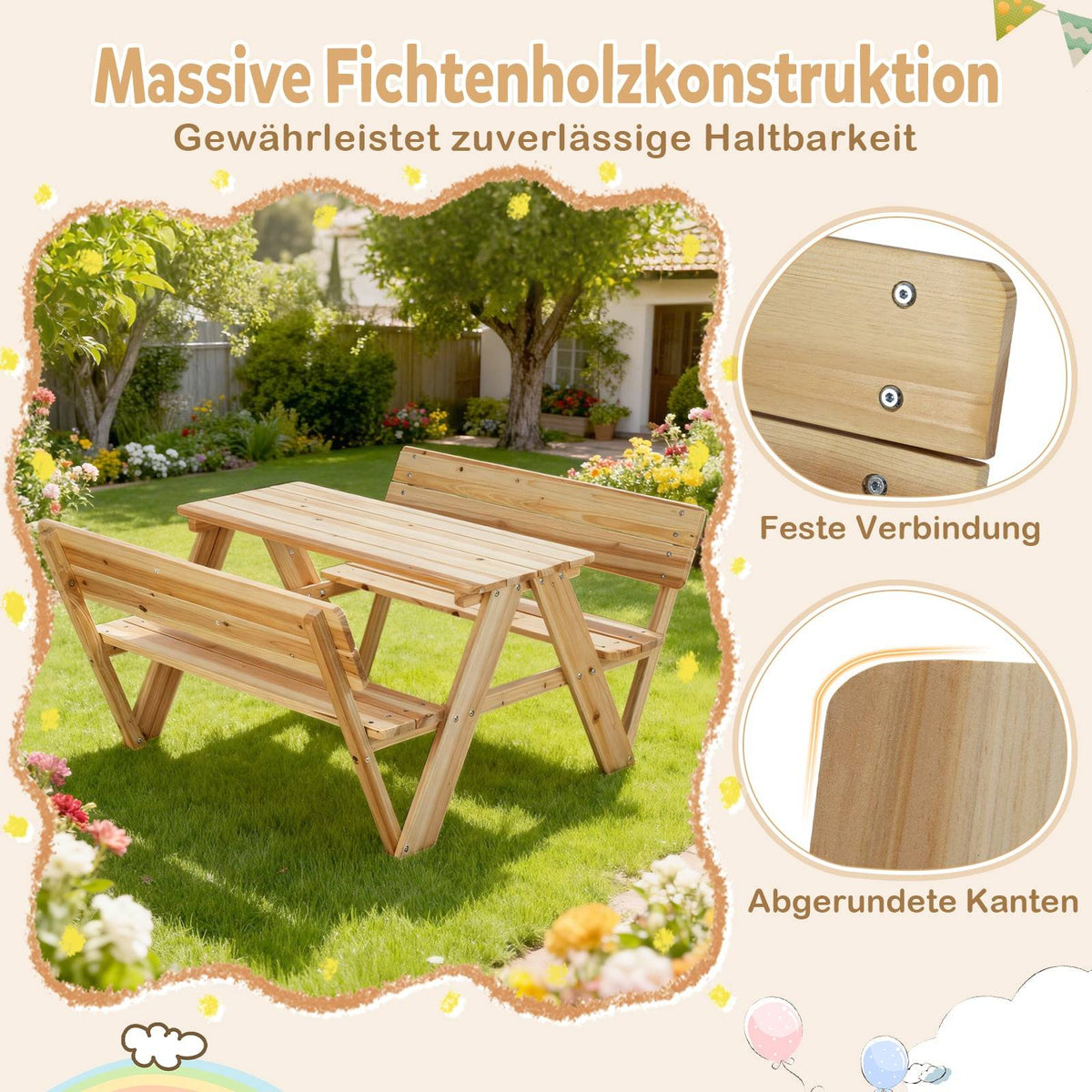 Picknickbordsset för barn med bänkar, massivt trä