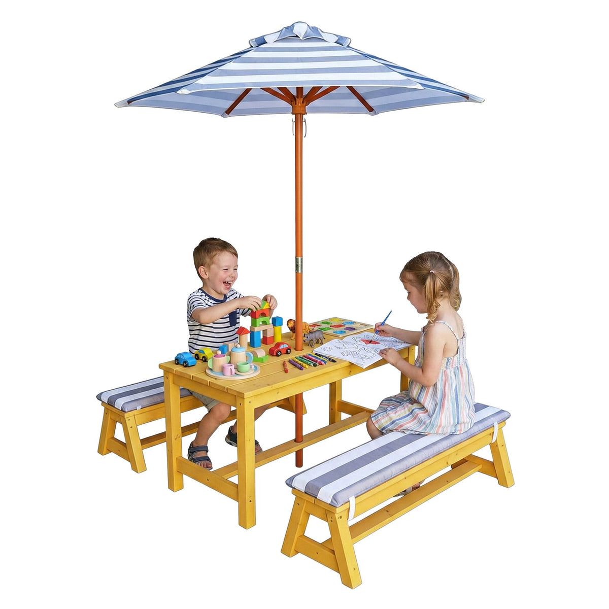 Picknickbordsset för barn med parasoll och kuddar