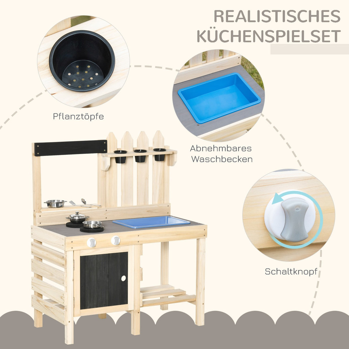 Play Kökssandlekset Av Trä Trädgårdskökslekbord Med Krukor Och Tillbehör I Rostfritt Stål, 3-7 År