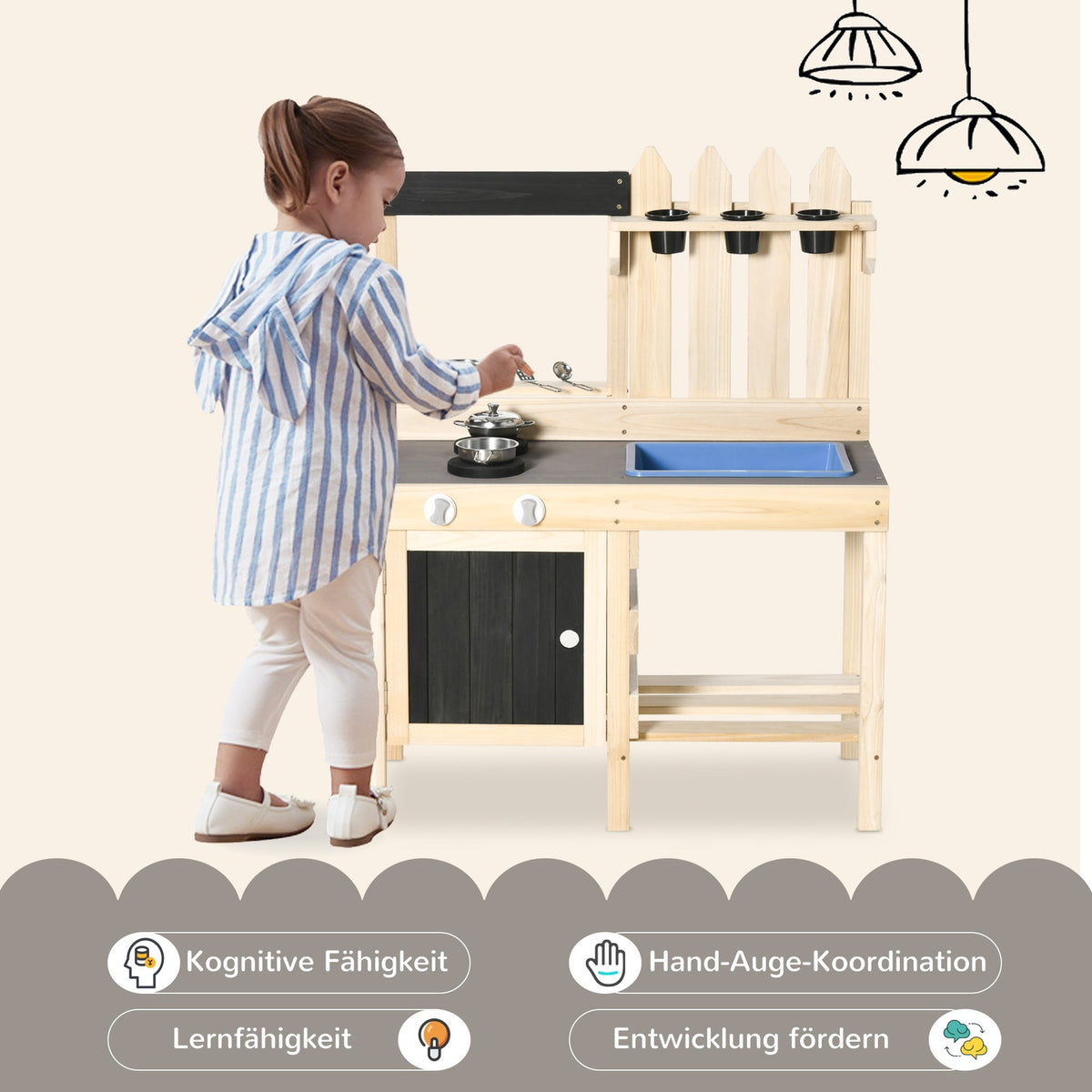 Play Kökssandlekset Av Trä Trädgårdskökslekbord Med Krukor Och Tillbehör I Rostfritt Stål, 3-7 År
