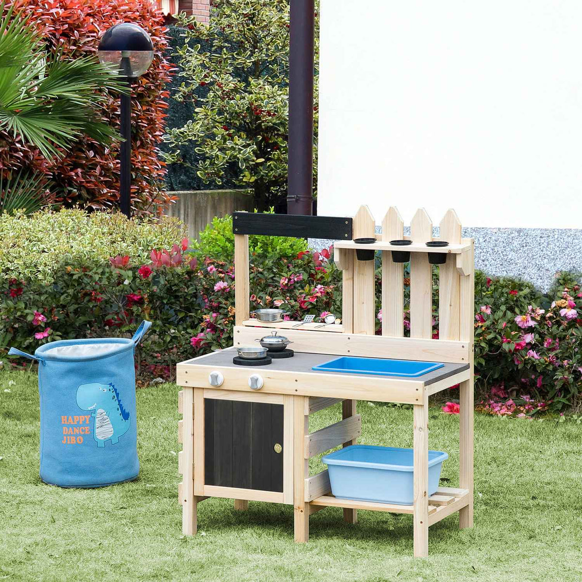 Play Kökssandlekset Av Trä Trädgårdskökslekbord Med Krukor Och Tillbehör I Rostfritt Stål, 3-7 År