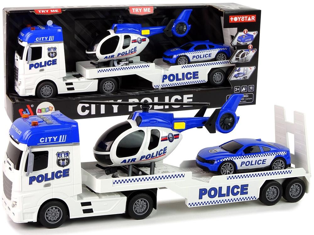 Police Car Transporter Kit med helikopter, lyde og lys