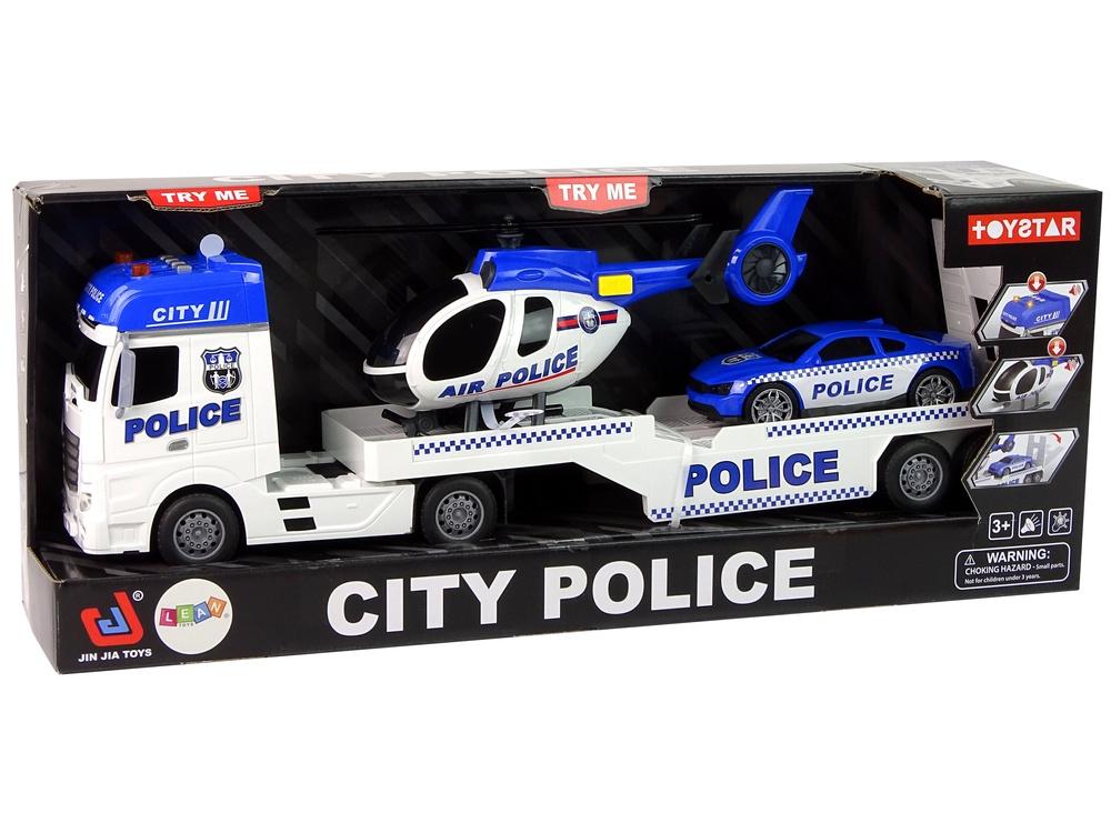 Police Car Transporter Kit med helikopter, lyde og lys