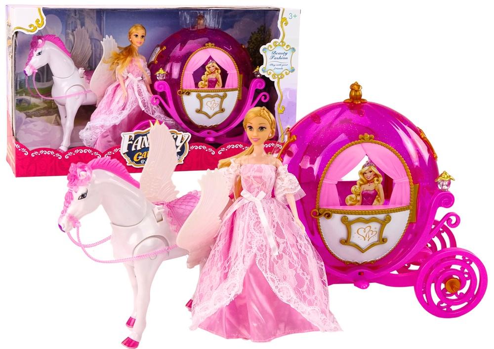 Prinsessevognssæt: Pink Pegasus, Doll &amp; Royal Ride