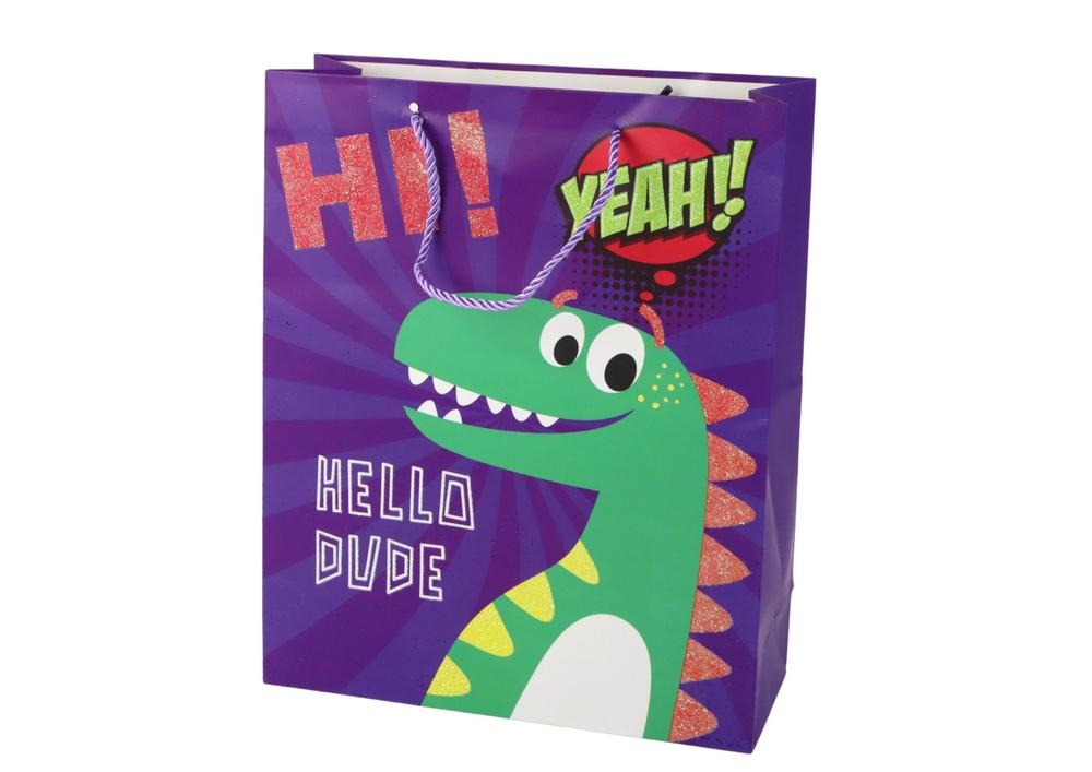 Lilla Dinosaur Glitter Gavepose - 32cm x 26cm x 10cm