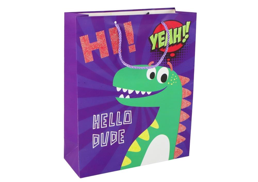 Lilla Dinosaur Glitter Gavepose - 32cm x 26cm x 10cm