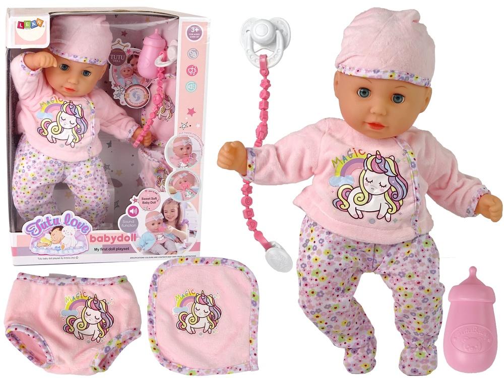 Rosa Unicorn Baby Doll Set med ljud, napp & haklapp