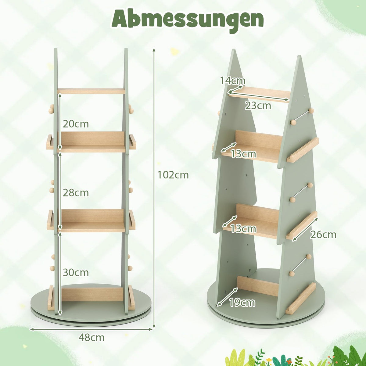Roterande bokhylla för barn – Träddesign, 4-vånings, 360° åtkomst