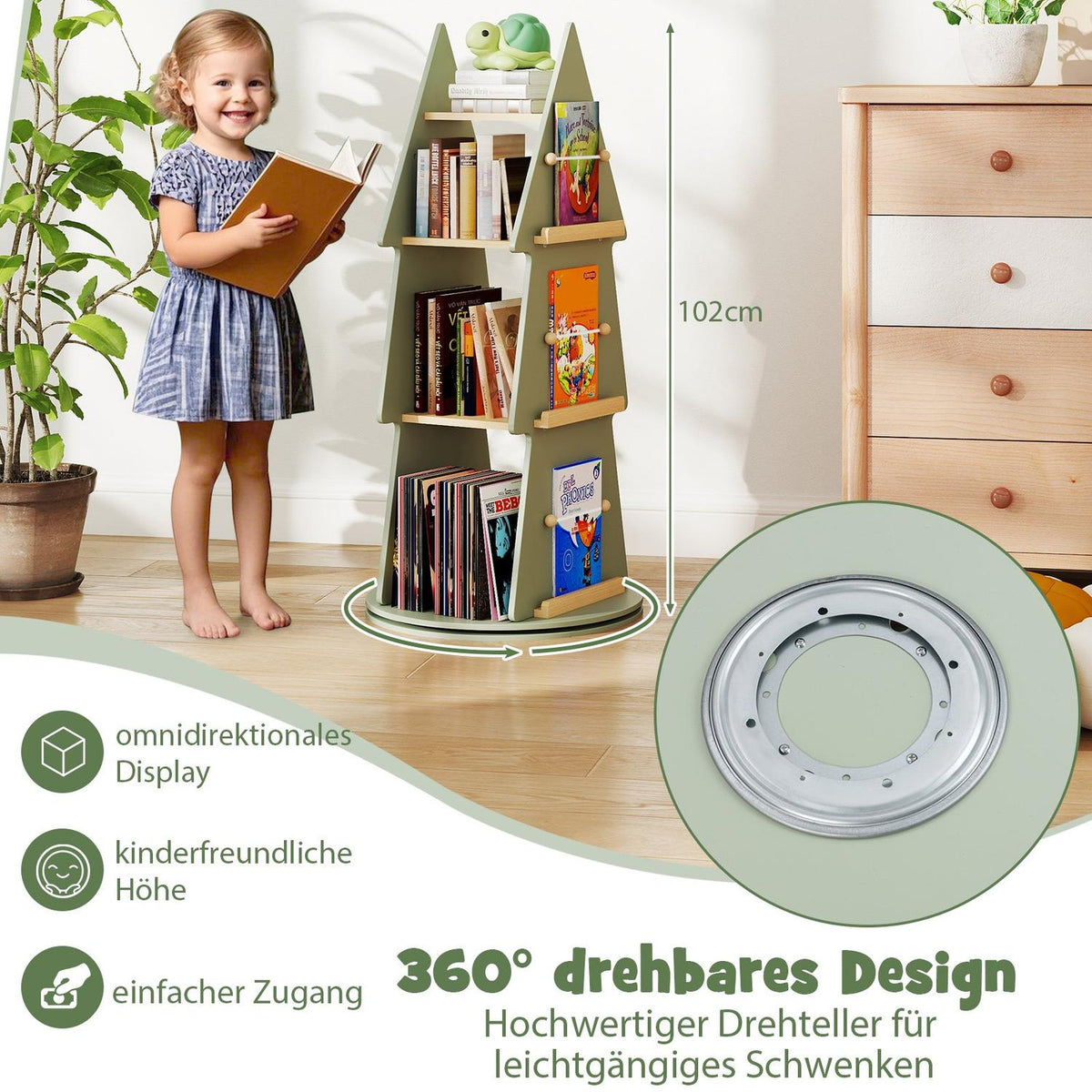 Roterande bokhylla för barn – Träddesign, 4-vånings, 360° åtkomst