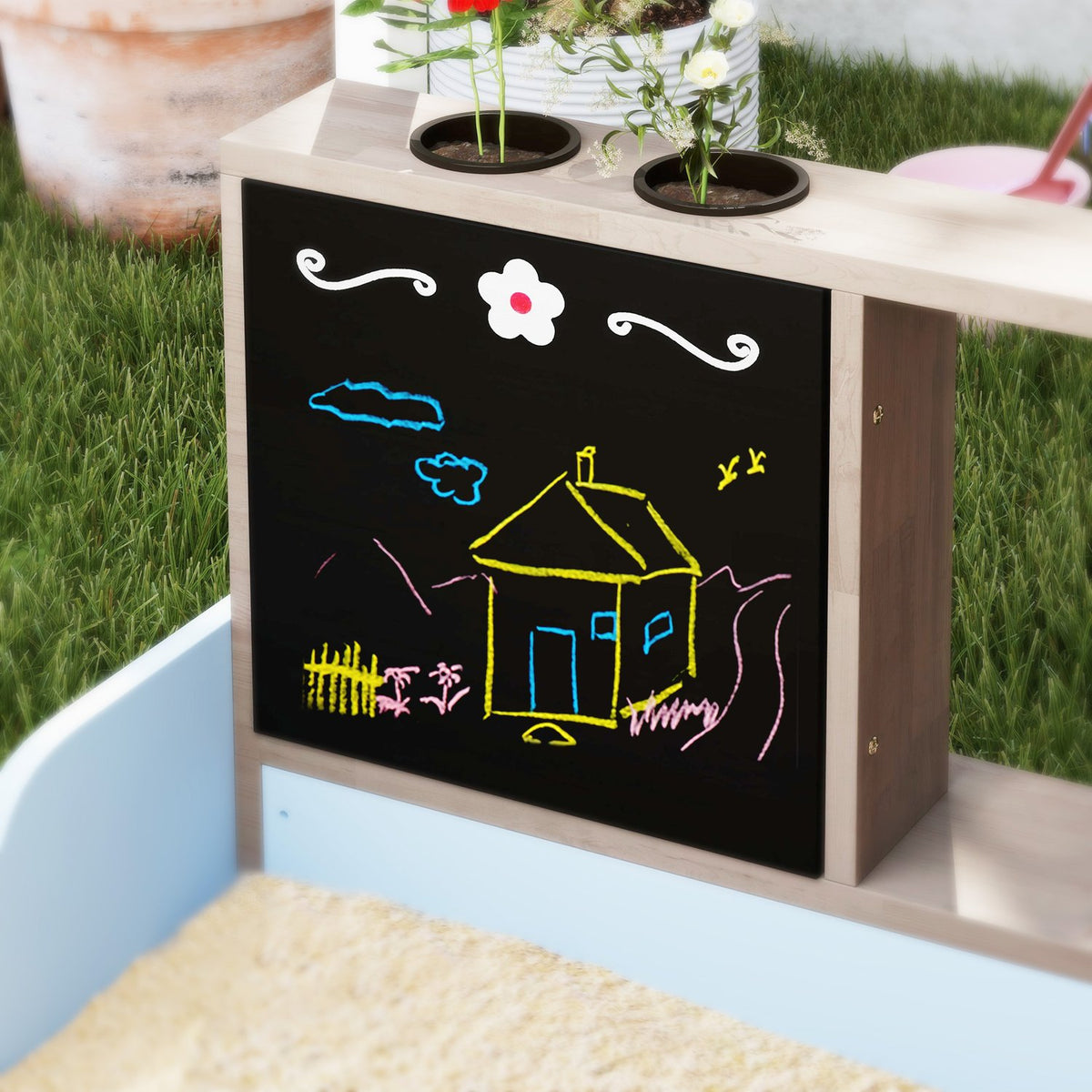 Sandlåda med tak, 90 x 108 cm Sandlåda i trä Sandlåda med bänk, ritbräda, växtlådor, butiksdesign för 2 barn 3-7 år Blå Aosom