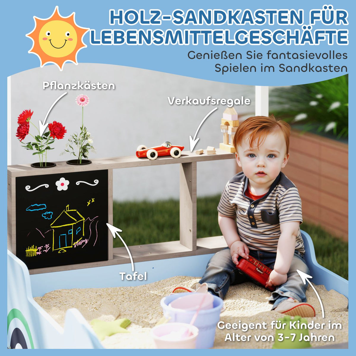 Sandlåda med tak, 90 x 108 cm Sandlåda i trä Sandlåda med bänk, ritbräda, växtlådor, butiksdesign för 2 barn 3-7 år Blå Aosom