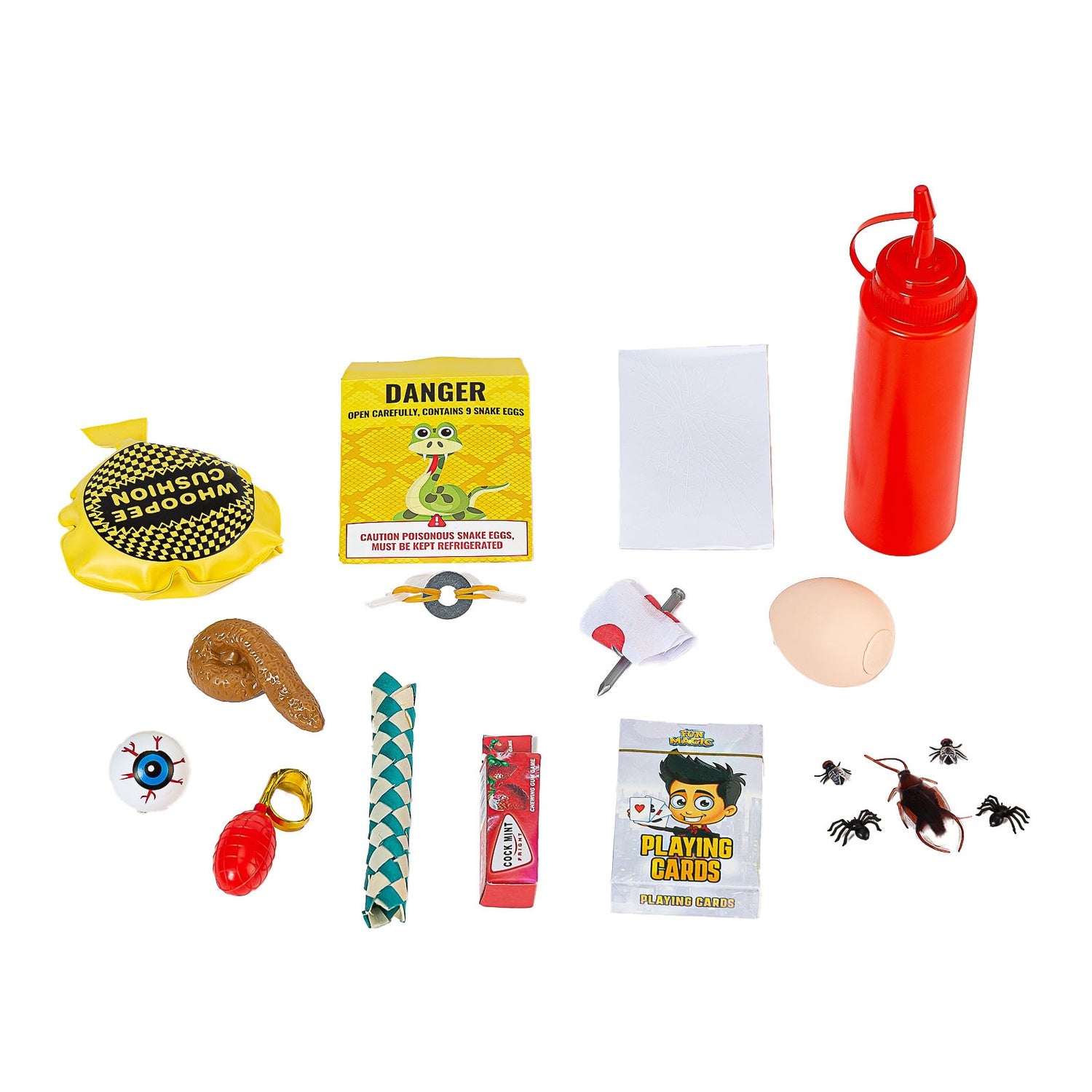 Skämtkit med leksaksinsekter, fiskudde och fler roliga tillbehör