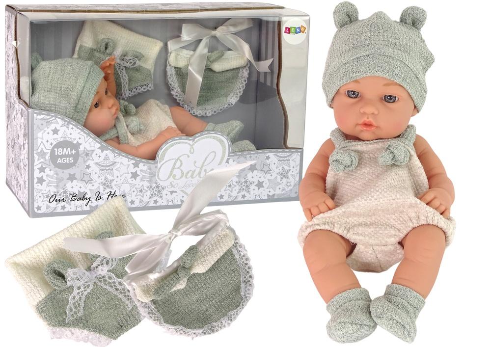 Sød babydukke med grøn sweater &amp; hat, 30 cm, bevægelige lemmer