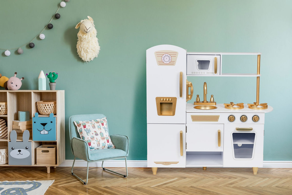 Stort lekkök i trä för barn, vitt och guld, ECOTOYS