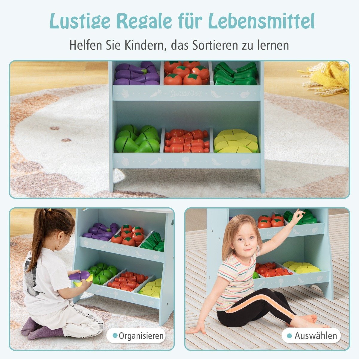 Träbutik för barn med soltak & förvaringsfack & reklamskylt & grönsaker blå