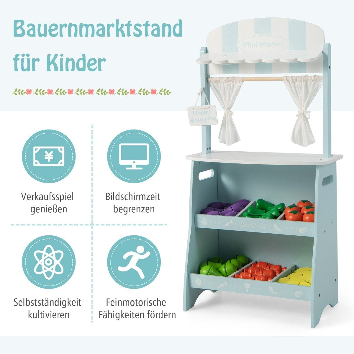 Träbutik för barn med soltak & förvaringsfack & reklamskylt & grönsaker blå