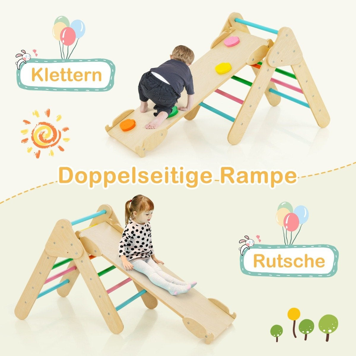 Triangulär klätterleksaksset i trä för småbarn med färgglad klättertriangel