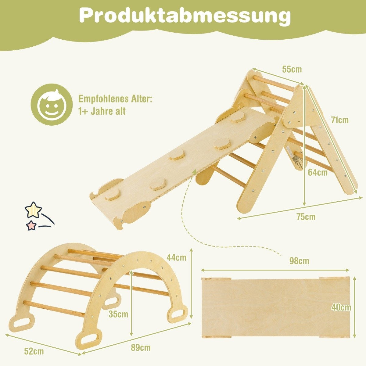 Triangulär klätterleksaksset i trä för småbarn med naturlig klättertriangel