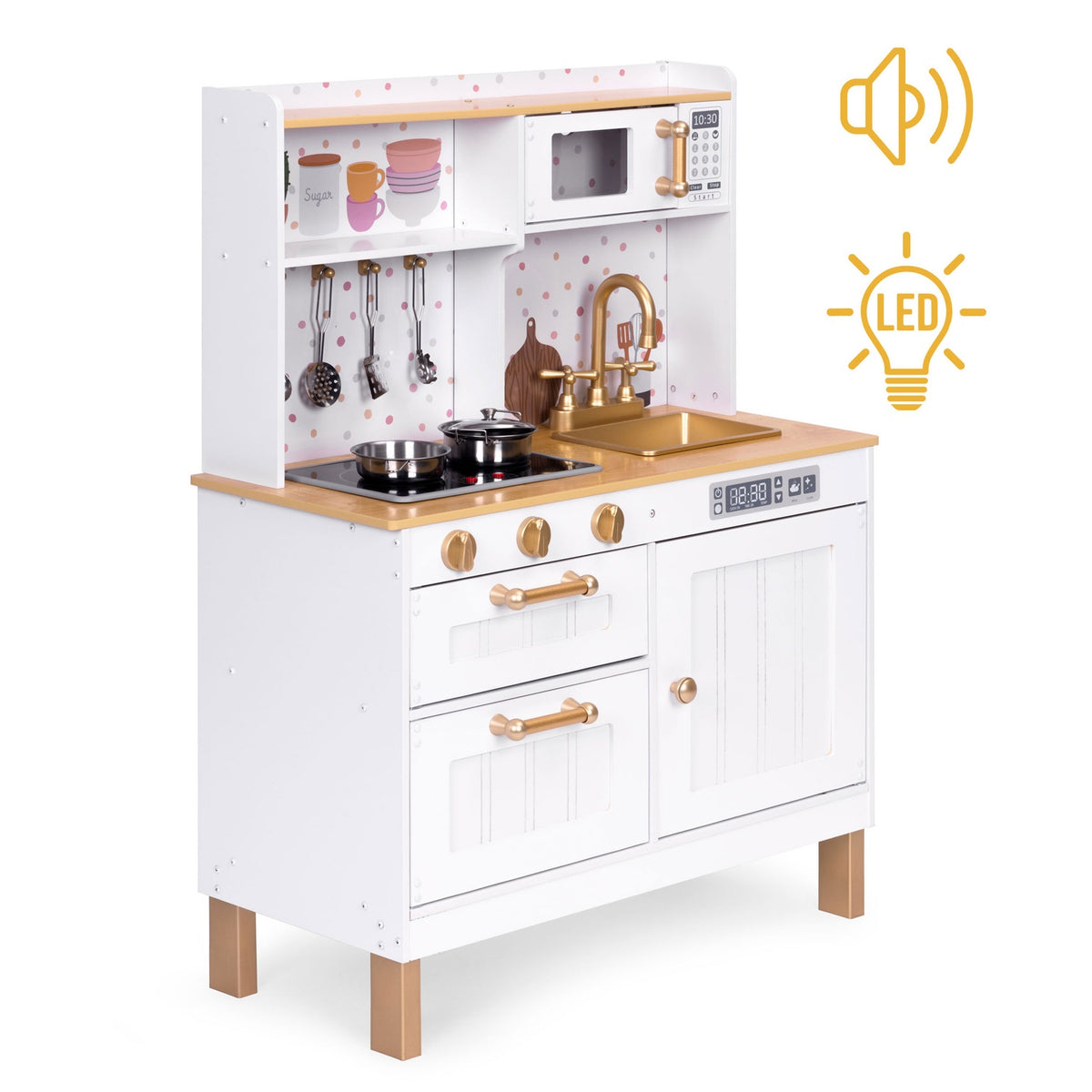 Trälekök för barn med ljud och LED, stort, med öppningsbara skåp och 7 tillbehör, ECOTOYS