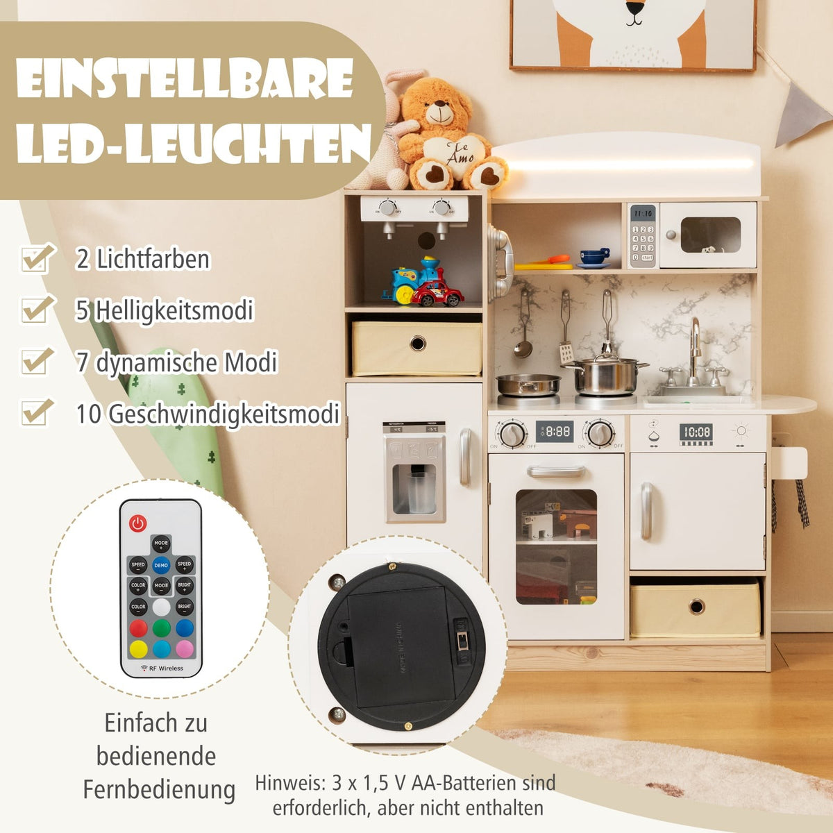 Trälekkök med LED-lampor och förvaring