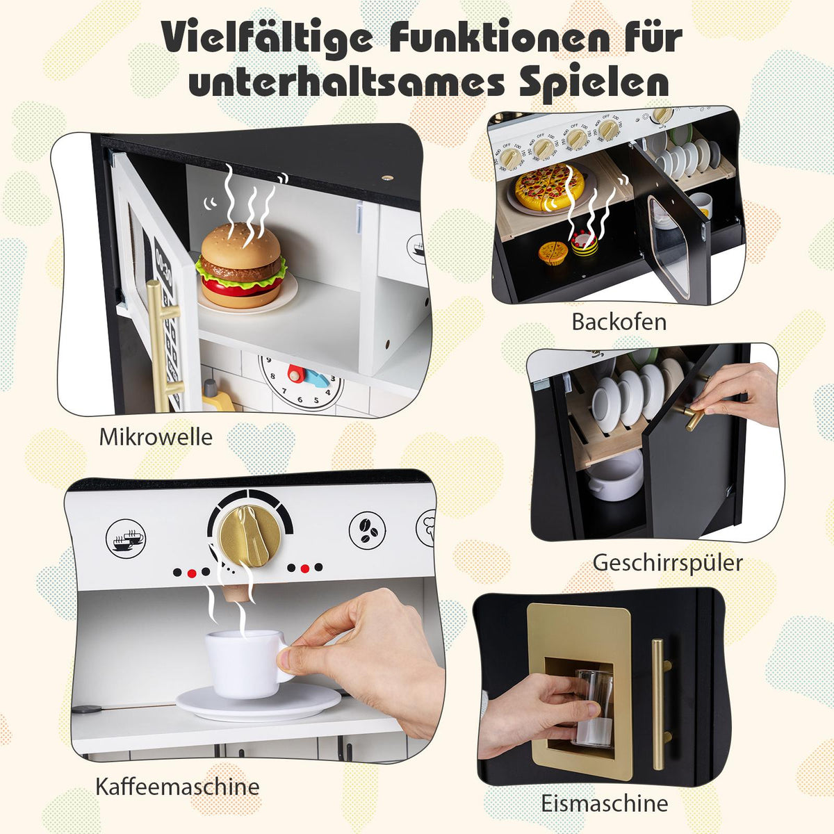 Trälekkök med ljus och ljud, svart, 14 tillbehör