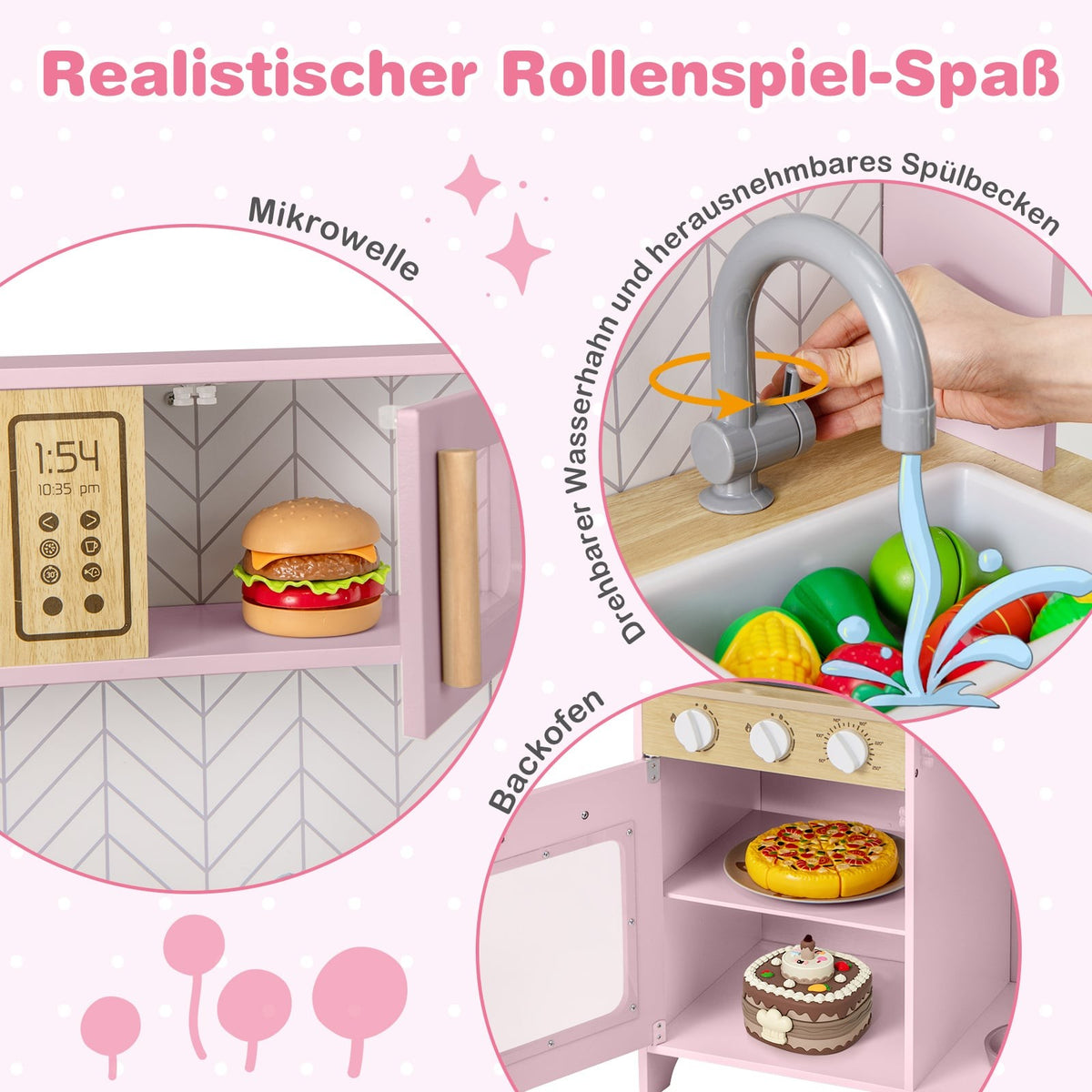 Trälekkök med mikrovågsugn, ugn och diskho – rosa