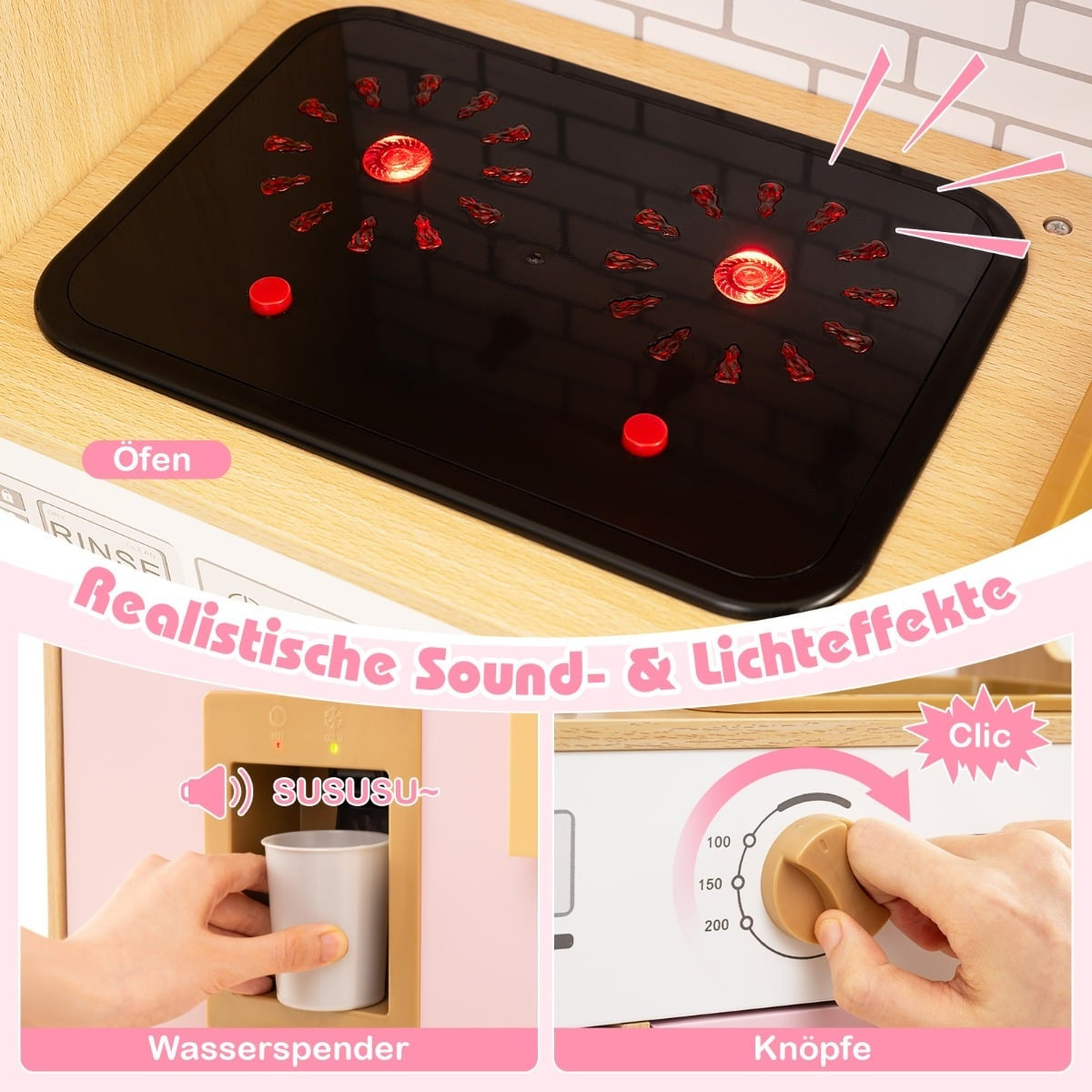 Trälekkök med rottingdörrar, ljus och ljud, rosa