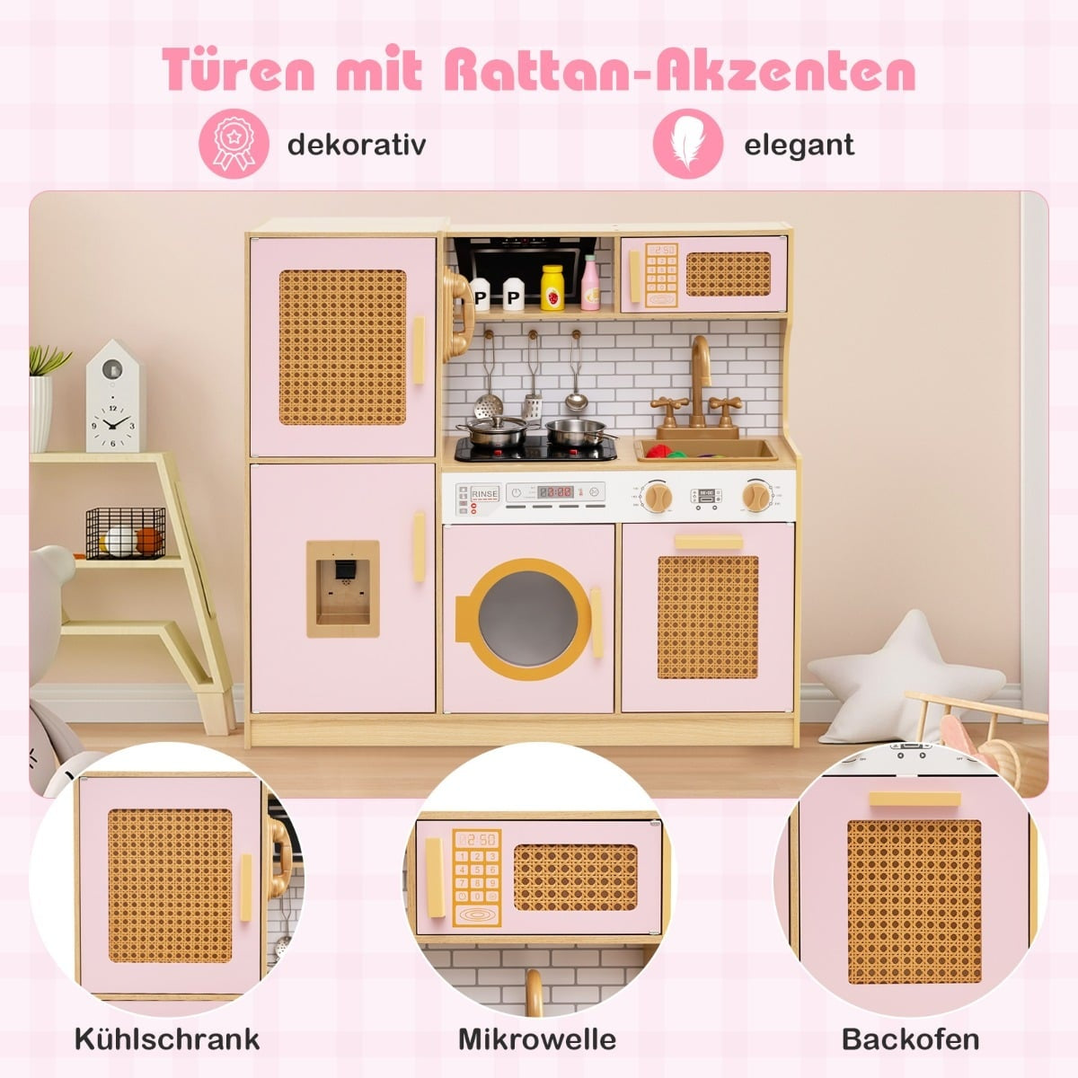 Trälekkök med rottingdörrar, ljus och ljud, rosa