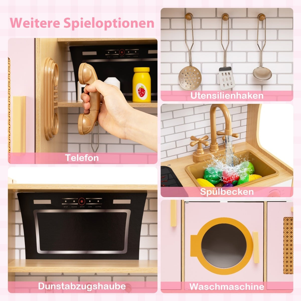 Trälekkök med rottingdörrar, ljus och ljud, rosa