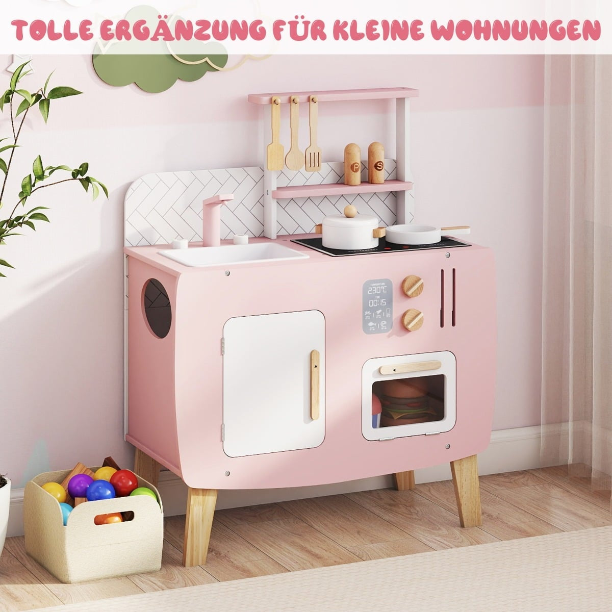 Trälekkök med spis, diskho och tillbehör