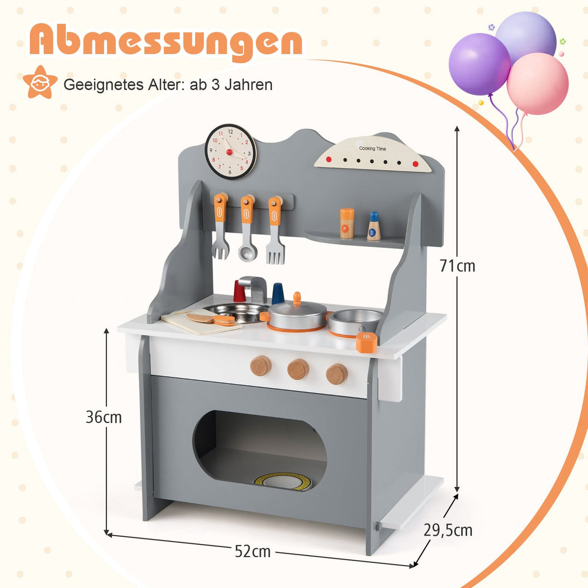 Trälekkök med tillbehör för barn, grått
