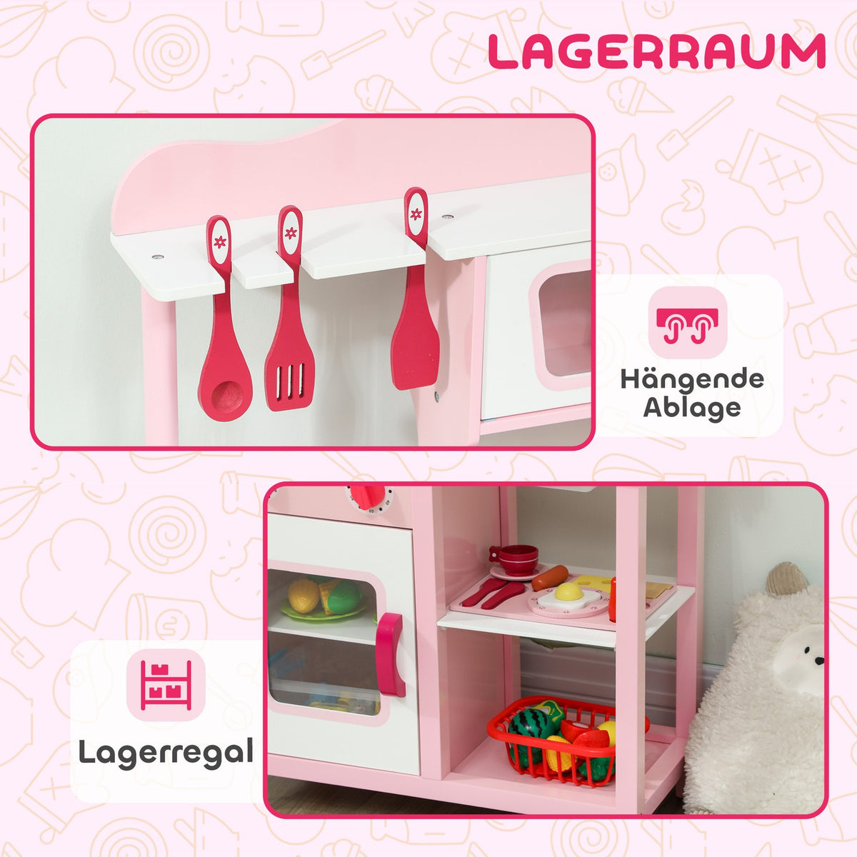 Trälekkök med tillbehör – rosa, kompakt
